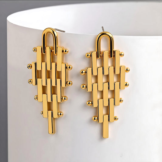 Elevate Your Glamour: Gold Plated Geometric Dangle Drop Earrings - A Symphony of Luxury