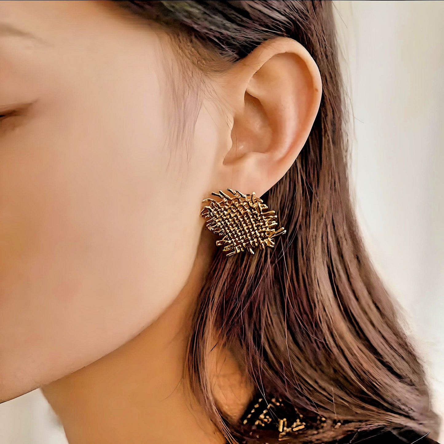 Gold Color Metal Geometry Irregular Woven Texture Stud Earrings for Women Girls Party Travel Jewelry