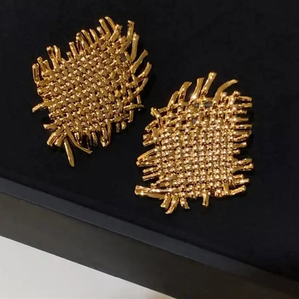 Gold Color Metal Geometry Irregular Woven Texture Stud Earrings for Women Girls Party Travel Jewelry