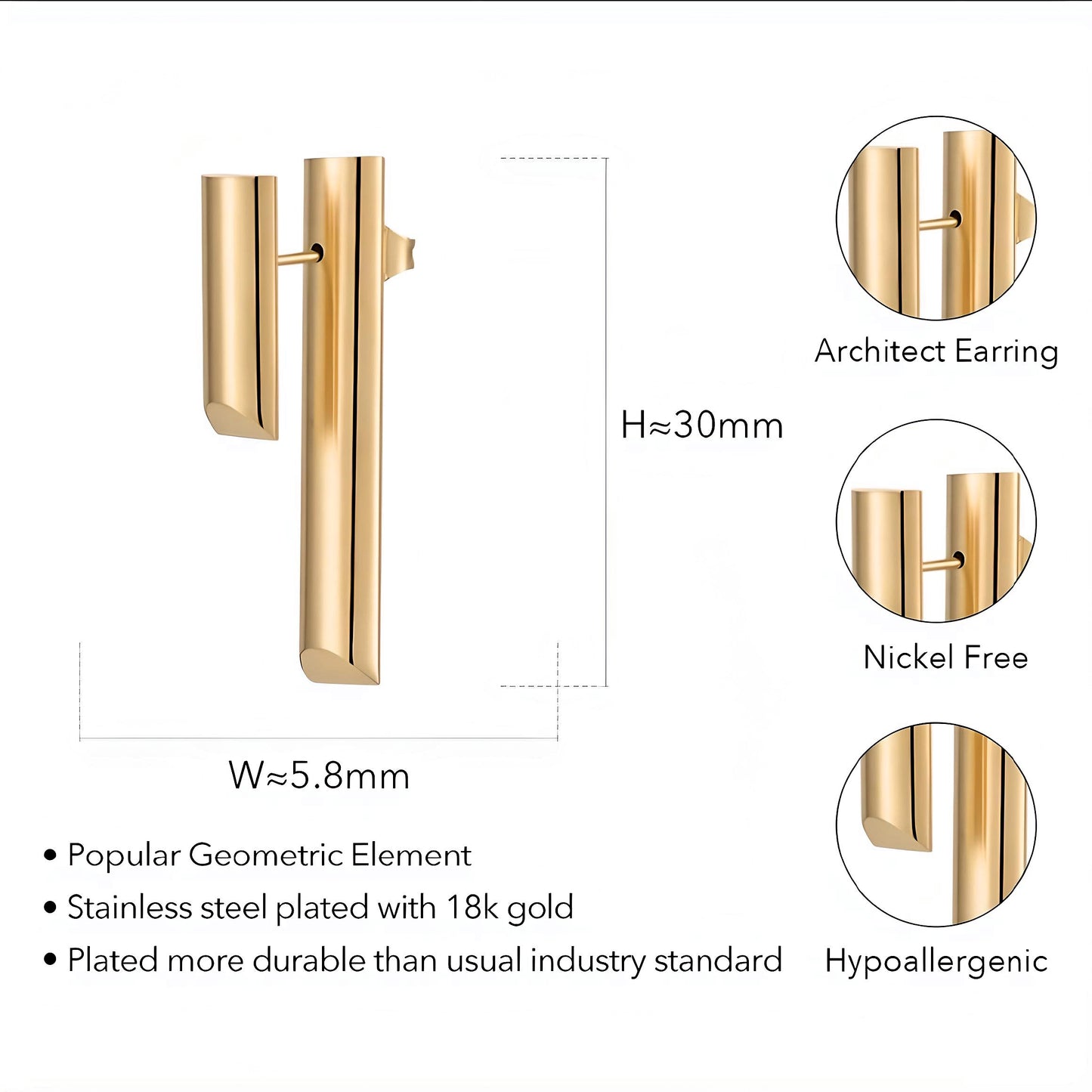 Illuminate Your Holiday: Vertical Geometric Stud Earrings - Stainless Steel Gold Fashion Jewelry for Christmas